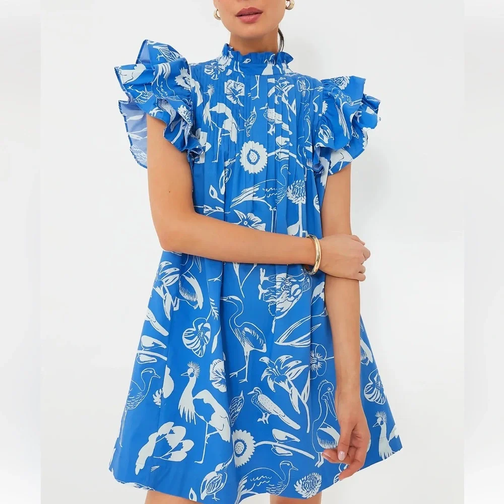 OLIPHANT Exclusive Audubon Blue Pintuck Ruffle Mini Dress - Picture 2 of 12